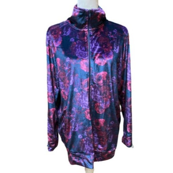 Woman Within Velour Navy Purple Floral Full zip jacket High Neck Size Medium M - Picture 1 of 11